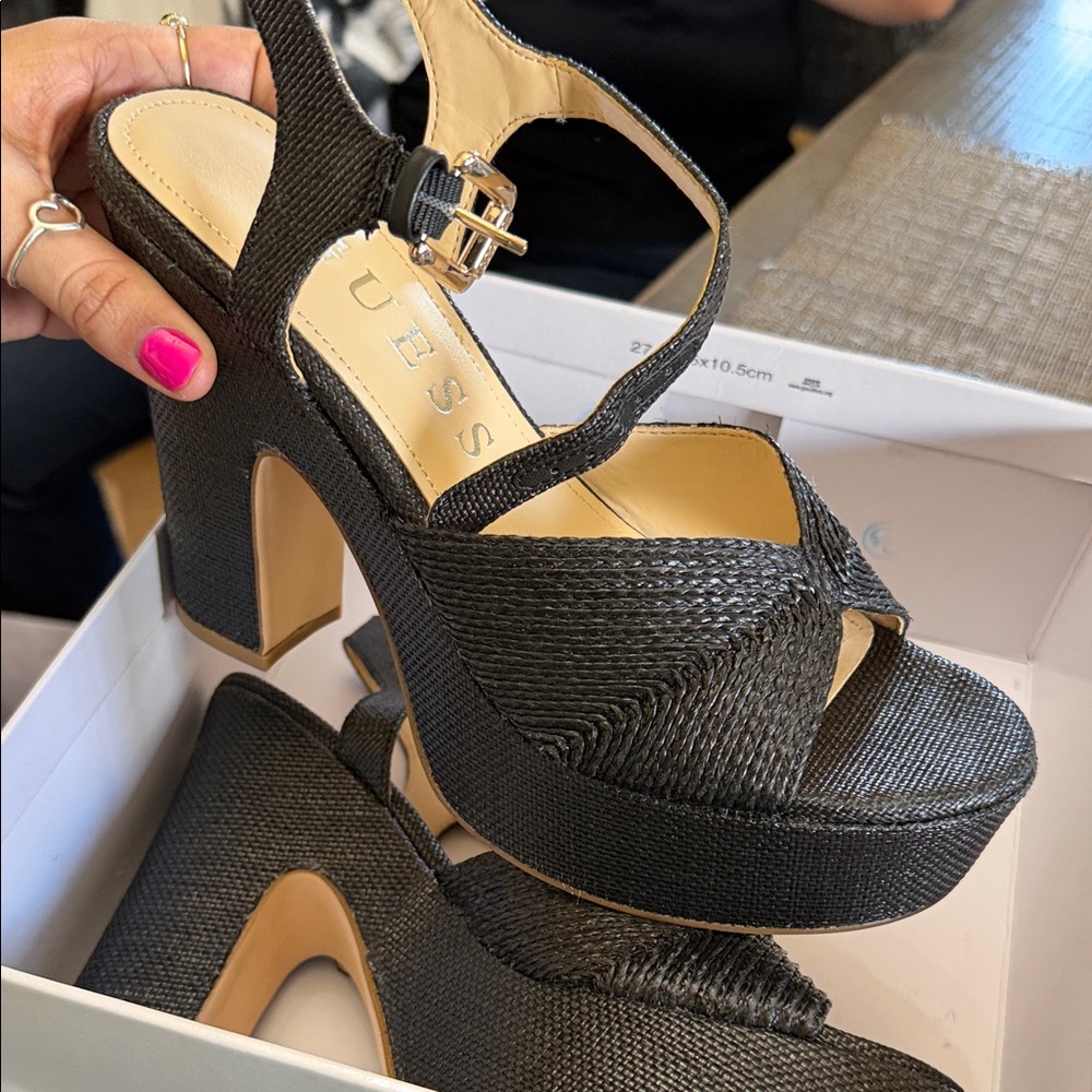 GUESS Black Textured Platform Block Heel Sandals